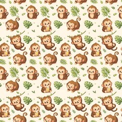 Naklejka premium Monkey Seamless Pattern Jungle Animal Background