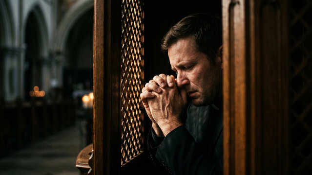Close-up of a priest's hands crossed in prayer inside a wooden confessional booth. Sacrament of confession and Christian faith concept