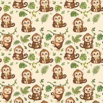 Monkey Seamless Pattern Jungle Animal Background