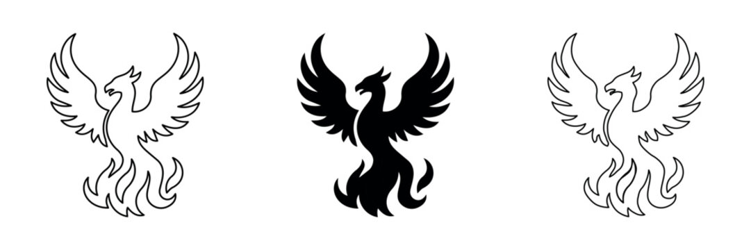 Mythical phoenix bird rising from flames in outline and silhouette styles