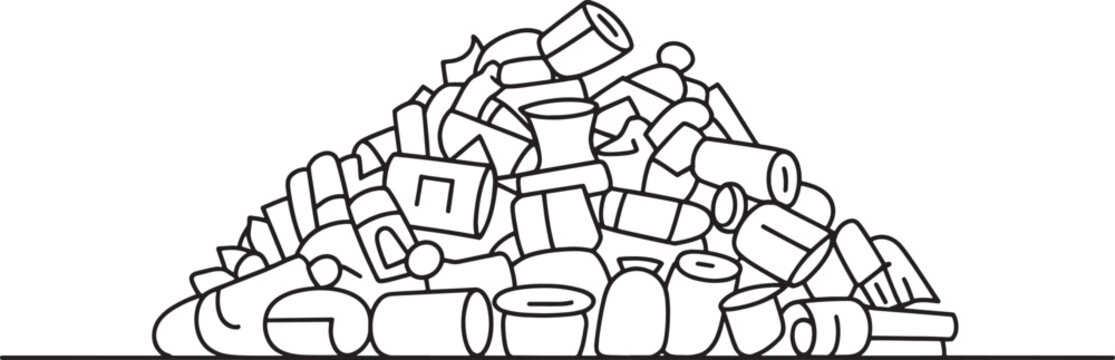 Trash pile line art illustration showing heap of garbage cans and industrial waste items for cleanup.