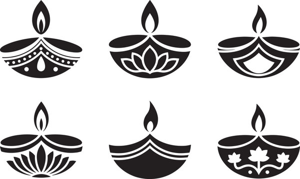 Diwali diya lamp collection black silhouette icons set for indian festival of light vector graphics.