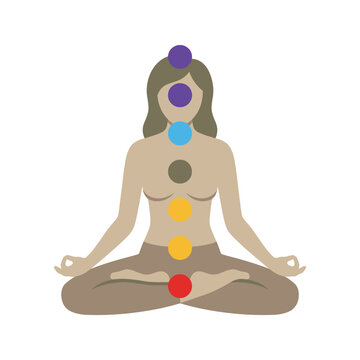 A silhouette of a person meditating with seven colorful chakra points displayed
