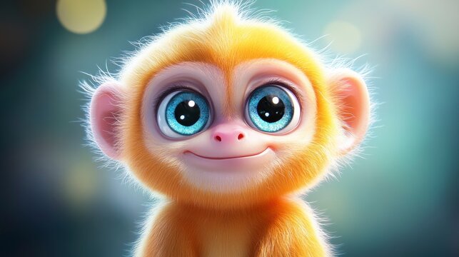 Adorable cartoon baby monkey with big blue eyes, smiling.