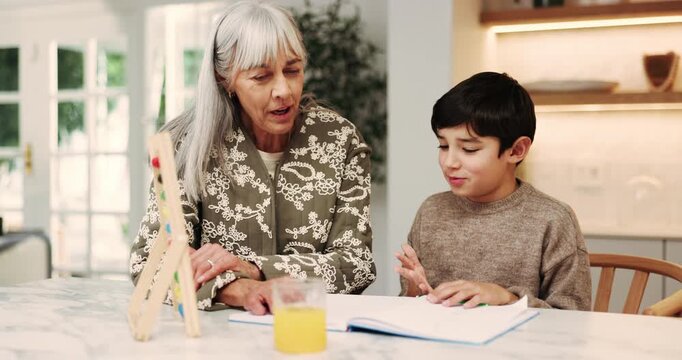 Grandmother, child and counting in home with abacus, math lesson and advice for education. Senior woman, help and kid at house with notebook, learning support and calculating beads for study session