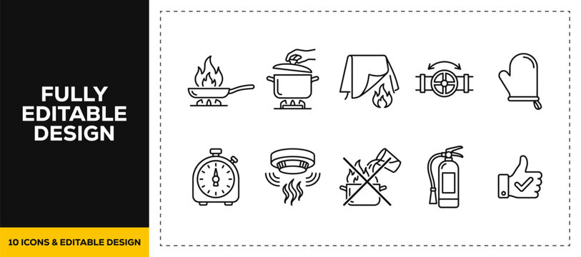 flat vector illustration line art icon bundle set design illustrating kitchen culinary equipments cooking process hot pots oven mittens and domestic chef tools graphics