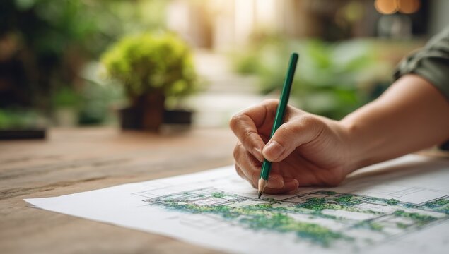 Landscape architect sketching garden design on blueprint natural light
