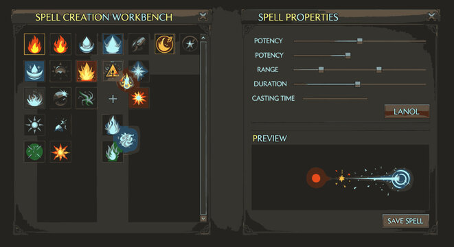 Digital fantasy spell creation workbench interface for video games, showing elemental components, adjustable properties, and a magical spell preview.