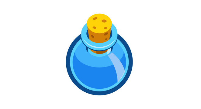 Vibrant blue liquid in a round glass bottle with a natural cork, perfect for game UI, fantasy RPGs, magic elixirs, or health and mana icons.