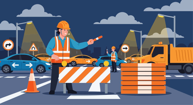 Traffic control workers directing vehicles at night, construction zone