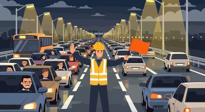 Traffic Controller in Congestion on Bridge at Night, Holding Flag and Signal