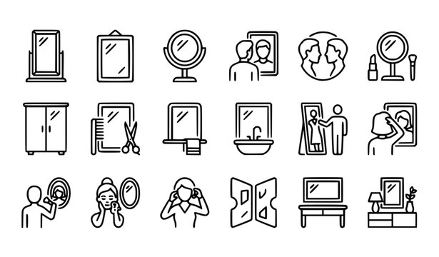 Minimal mirror icon collection with person reflection bathroom vanity and dressing symbols editable vector set