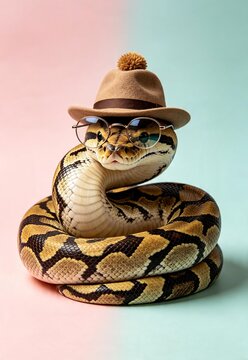 Python snake wearing hat and glasses on pastel background