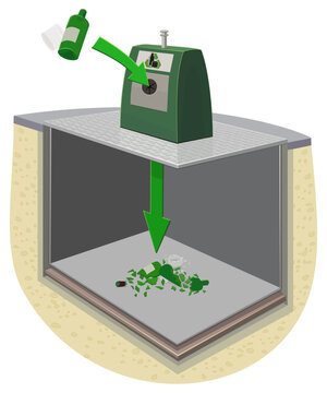 Cross section diagram with green arrows showing the action and mechanism of throwing glass bottles into an underground collection bin for smart city waste management (cut out)