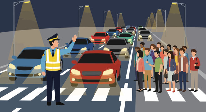 Traffic Jam: Police Officer Directing Cars and Pedestrians at Night