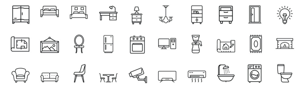 Home interior furniture and appliance line icons set with comfortable armchair, living room sofa, kitchen refrigerator, double bed & more vector illustration with editable stroke.