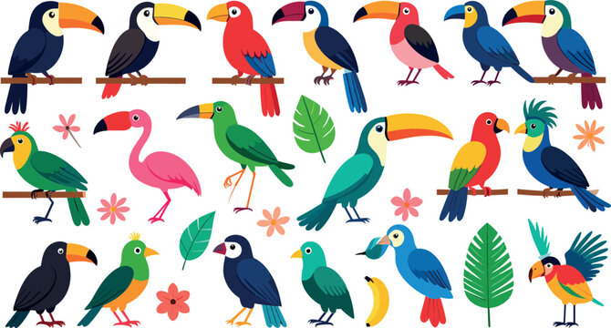 Exotic tropical birds cartoon vector icon set featuring colorful toucans parrots flamingo and jungle leaves perched on branches, isolated flat graphic design elements for summer themes.