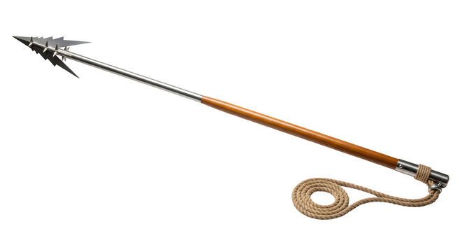 Ancient medieval spear with long wooden pole shaft isolated on white