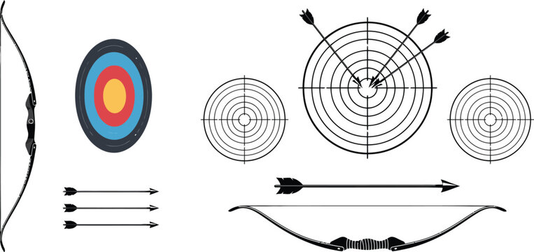 Archery equipment collection featuring bows, arrows, and various targets for sports and target practice vector