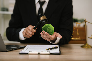 Judge's gavel striking a green Earth symbol, representing environmental law, climate justice, sustainability regulations, and global governance. © Natthawadee