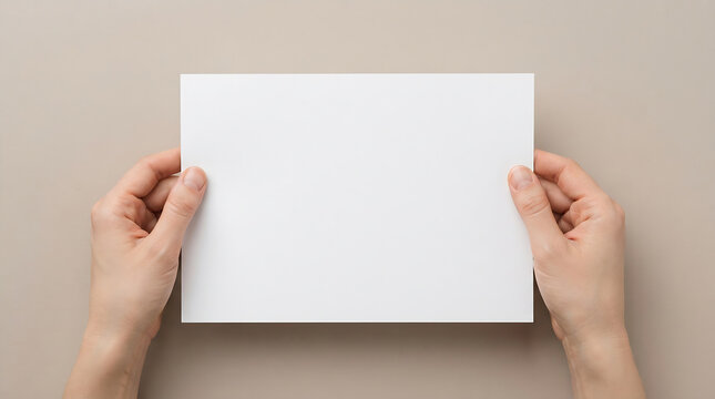 Two fair skinned hands holding a clean rectangular white paper sheet in a top down studio photography style shot captured with soft natural lighting for a minimalist creative project design.