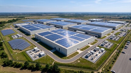 Aerial View of a Data Center Campus Topped With Vast Rooftop Solar Panel Arrays and Surrounding Solar Fields Under a Bright Sky Renewable Energy Cloud Facility © Iryna