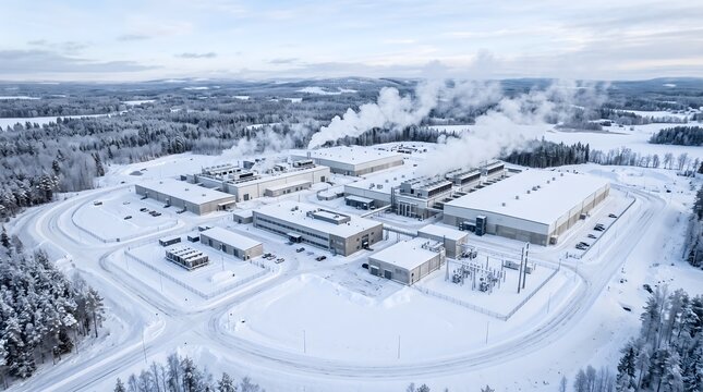 Aerial View of a Snow Covered Data Center Campus Surrounded by a Frosted Evergreen Forest in Deep Winter Under a Pale Sky Cloud Computing Facility