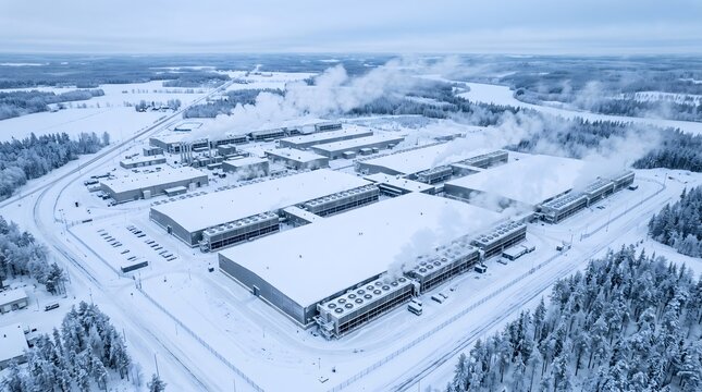 Aerial View of a Snow Covered Data Center Campus in a Frozen Winter Landscape With Rooftops Blanketed in White and Dark Access Roads Cloud Computing Facility