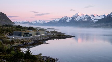 Obraz premium Data Center on the Shore of a Serene Fjord at Dawn With Steep Mountains Rising Behind Still Mirror Like Water Cloud Computing Facility in a Nordic Landscape