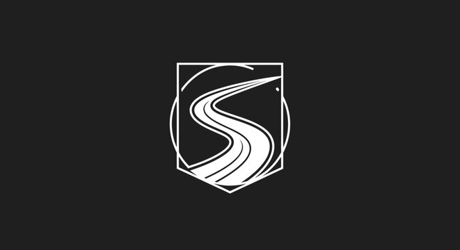 Clean monoline logo of a winding road s letter inside shield