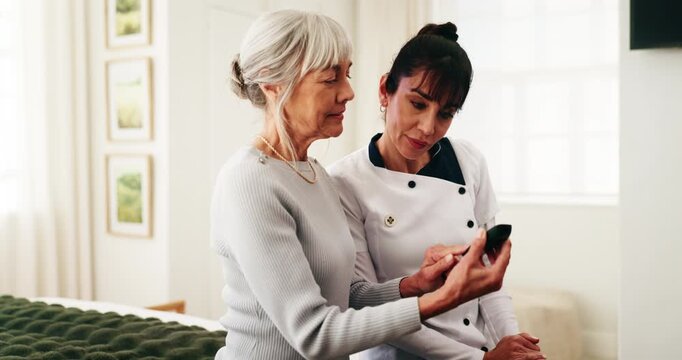 Caregiver, technology and elderly woman with blood test for diabetes, senior care and advice in home. People, pensioner and chat for healthcare, glucose check and medical monitor for exam and service