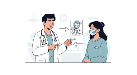 Fototapeta premium Doctor consultation with patient wearing face mask, medical advice illustration