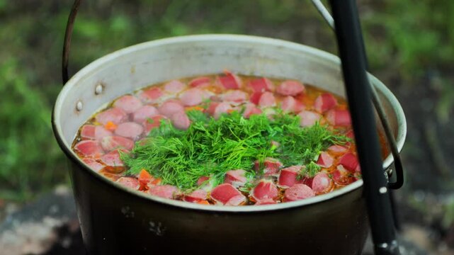 Metal pot cooking stew with sliced sausage, diced carrots, and fresh dill on top, steaming over open fire outdoors, representing rustic culinary preparation during nature adventure.