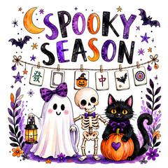 Naklejka premium Spooky Season Halloween Mahjong Illustration, Cute Ghost, Skeleton, Black Cat with Pumpkin, Watercolor Mahjong Tiles Garland for Festive Autumn Design