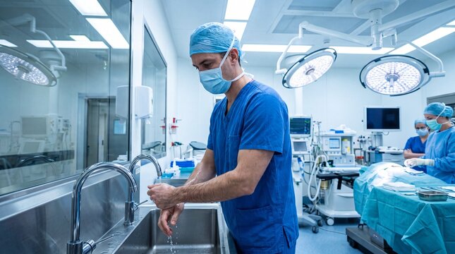 Surgeon Performing Surgical Hand Scrub Before Operation in Modern Operating Room