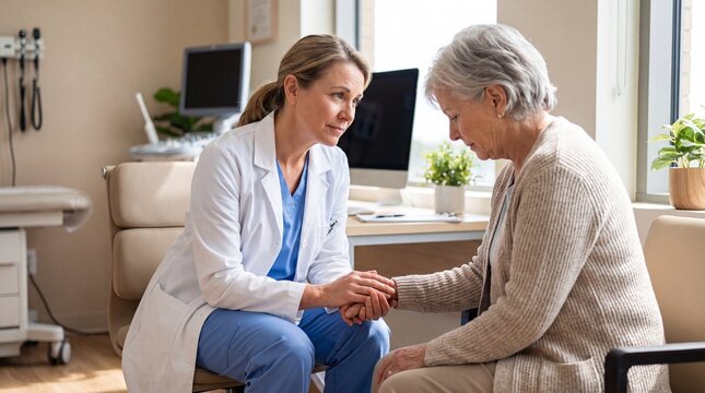 Compassionate doctor holding elderly patient&rsquo;s hand during supportive medical consultation