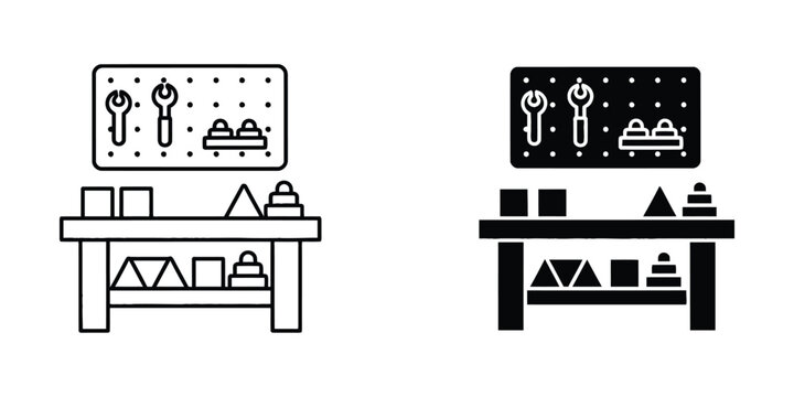 Detailed workbench and pegboard tool storage icons for professional carpentry and workshop organization