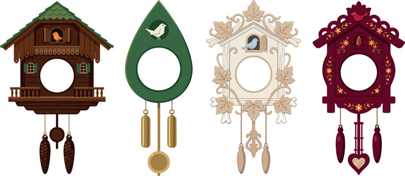 Vintage vector illustration set of traditional wooden cuckoo clocks with decorative weights and small birds isolated on white background for retro interior design