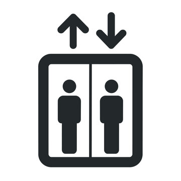 Elevator icon with two people and up down arrows.