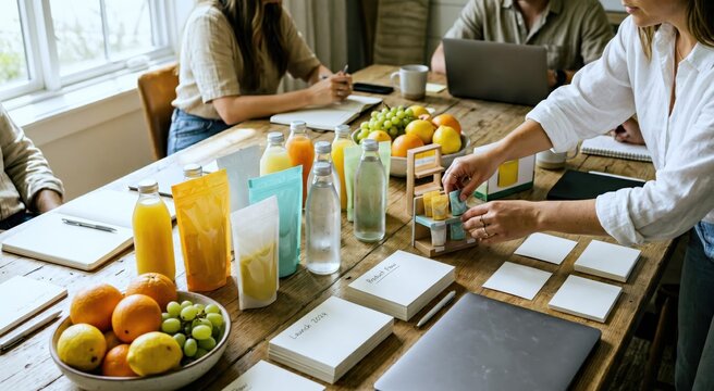 Documentary meeting photo of a seasonal CPG planning table with sample pouches, chilled beverage bottles, fruit bowls, sticky-note-free blank cards, and a hand arranging mini shelf props, lit by