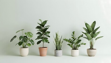 Fototapeta premium Five different green houseplants in pots on a light green studio background.
