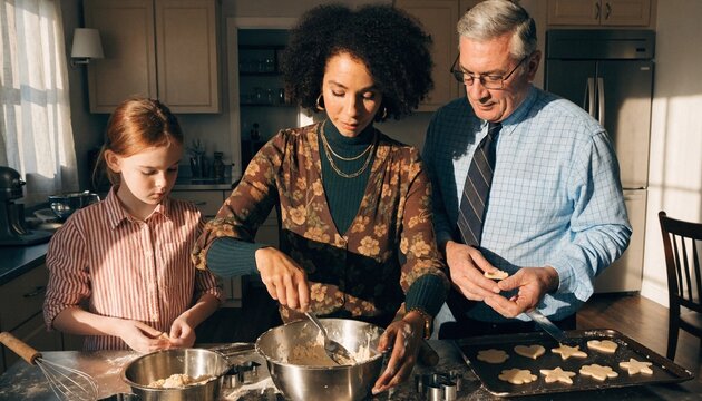 Multigenerational family baking cookies together in a warm sunlit kitchen, child, mother and grandfather shaping dough for holiday treats, home cooking, bonding, tradition and cozy lifestyle