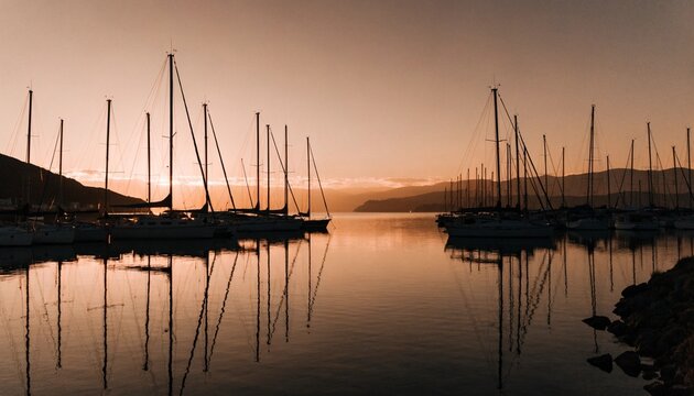 Quiet harbor at sunset with silhouetted sailboat masts, glowing orange sky and glassy water reflections, peaceful marina framed by dark hills and warm fading coastal light with tranquil evening mood