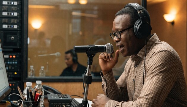 Professional radio host speaking into studio microphone in warm broadcast booth, wearing headphones at mixing desk, vivid podcast production scene with glass window, equipment racks and on air energy