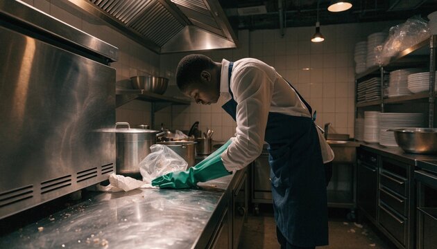 Kitchen porter in green gloves sanitizing stainless steel prep counter after restaurant service, dim commercial kitchen scene showing hygiene, hard work, and professional foodservice cleanup