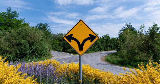 A yellow forked road sign stands out against lush green trees and a bright blue sky, encouraging safe driving.