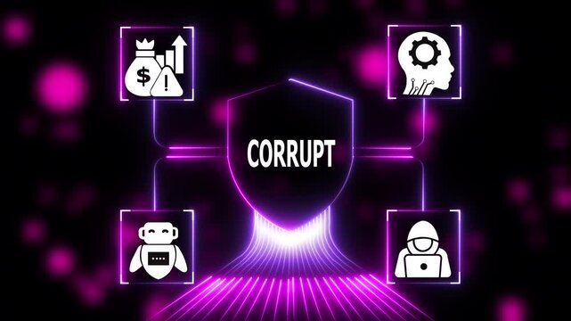 Cyber security concept: corrupt data protection and digital threat shield animation with neon glowing interface and hacker for network safety