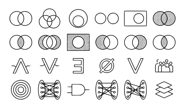 Discrete mathematics Venn diagram outline icon set with overlapping circles intersection and set theory symbols isolated vector