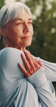 Senior, woman and thinking with stretching outdoor, exercise and wellness with warm up, self care and vision. Health, mindset or mindfulness with old person in nature, ready for fitness or training
