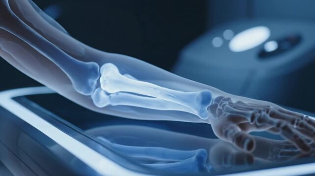 Blue glowing X-ray of human hand and wrist.